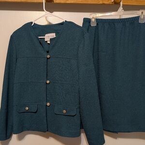 Vintage Leslie Belle Teal Skirt Suit Set with Silver Button Details